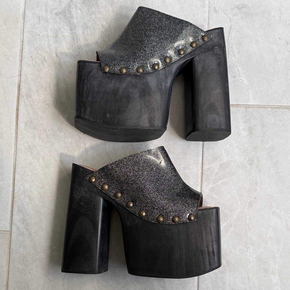 Jeffrey Campbell Black and Silver Studded Wooden Mules